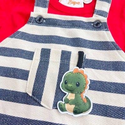 Conj. Camiseta Manga Curta e Jardineira Listrada com Bebê Dino - Vermelho e Marinho